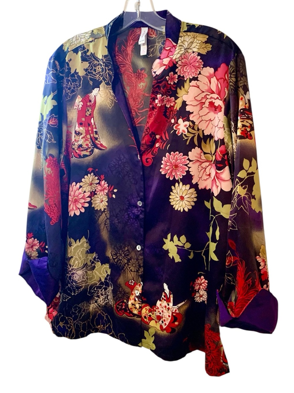 Natori Cruz Purple Red Geisha Dragons Japanese Print Top